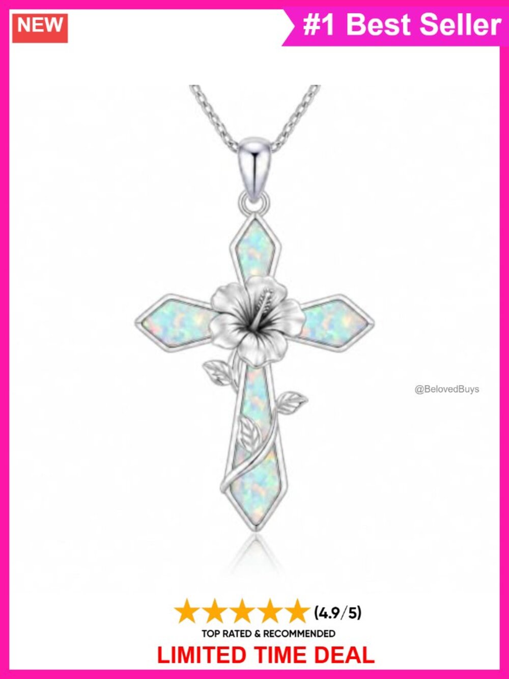 925 Sterling Silver White Gold Plated Opal Cross Pendant Necklace Handmade